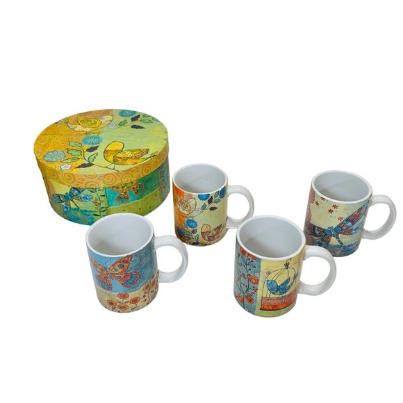 Tii Spring Luncheon Birds Butterfly Set of 4 Mugs Dessert Plates Brunch Boxed - Picture 8 of 14